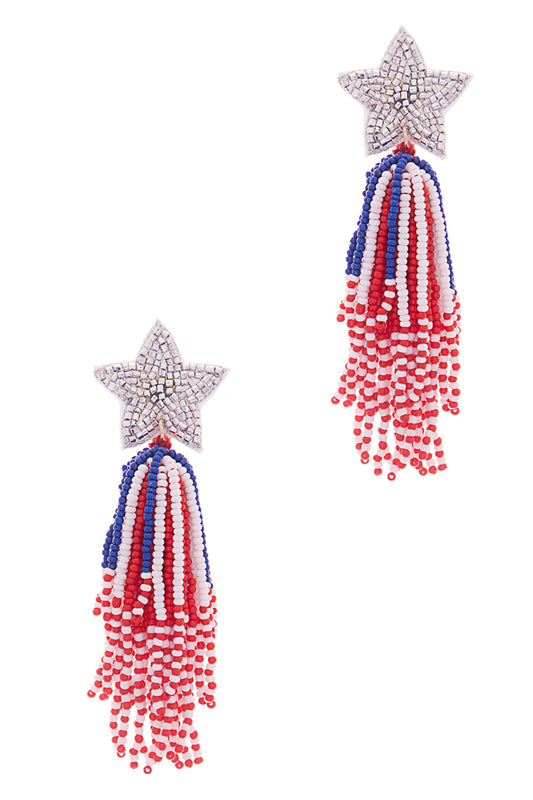 Star Earring with American Flag Beaded Tassel