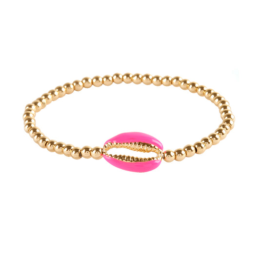 Elastic Gold Bead Bracelet with Fuchsia Coated Shell