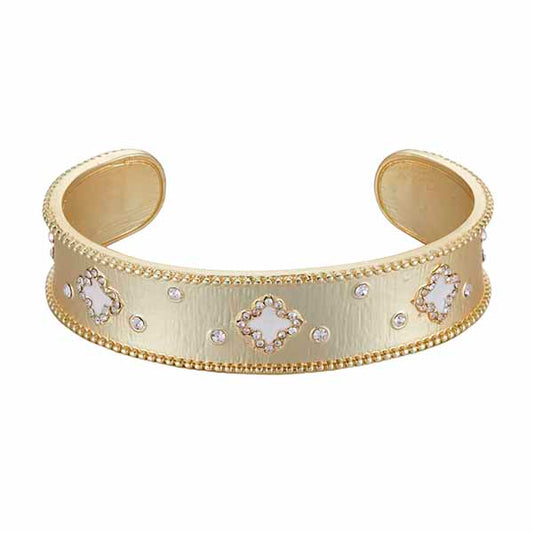 Matte Gold Cuff with White Clovers