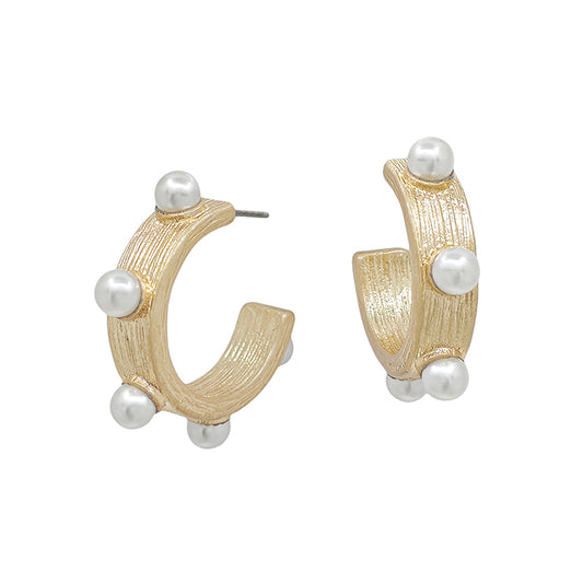 Small Textured Pearl Hoop - Gold