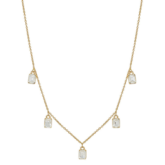 5-Rectangular Stone Charm Necklace - Clear