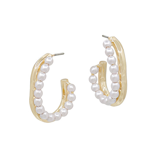 Metal and Pearl Oval Hoop - Gold
