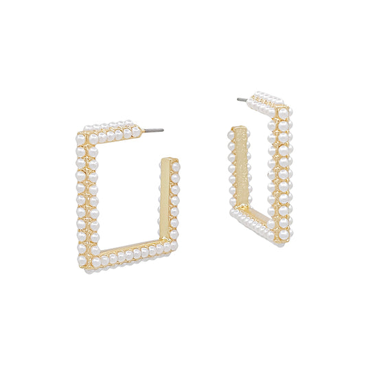 Gold Square Hoop with Pearl Accents