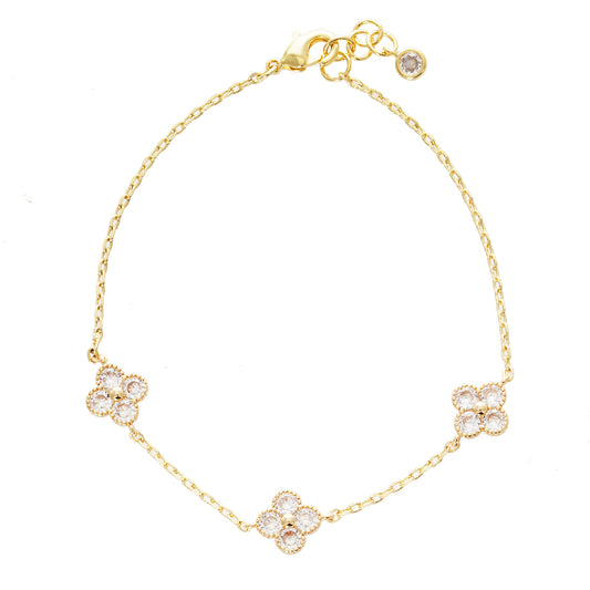 Gold Chain Bracelet with Clear Stone Clovers