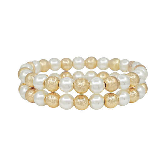 Set of 2 Satin Gold Ball and Pearl Bracelet