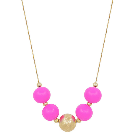 Large Wood Bead Ball Necklace - Hot Pink and Gold