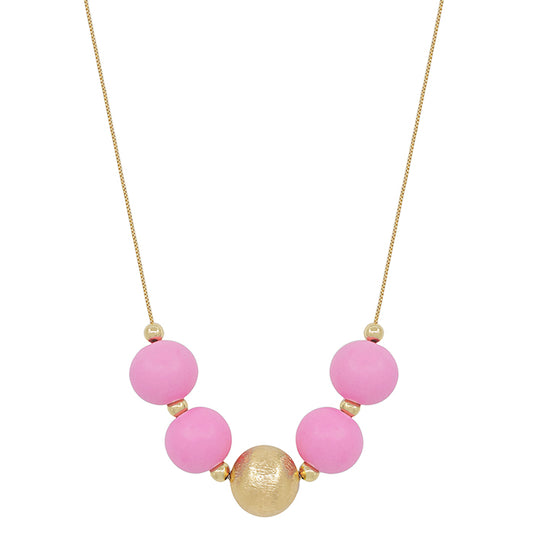 Large Wood Bead Ball Necklace - Light Pink and Gold