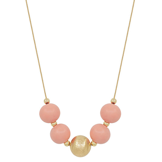 Large Wood Bead Ball Necklace - Peach and Gold