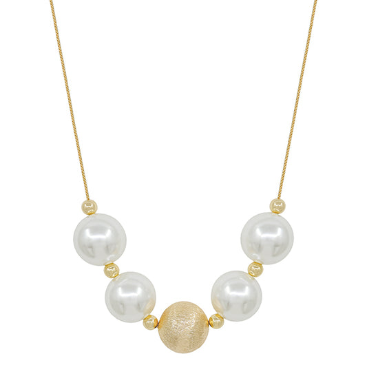 Large Wood Bead Ball Necklace  - Pearl and Gold