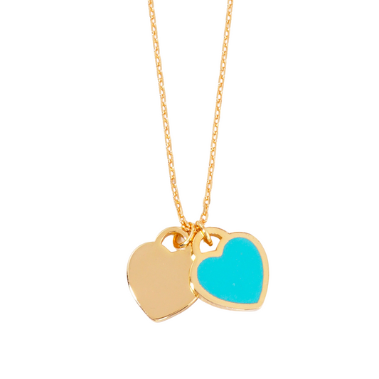 Double Heart Charm Necklace - Gold and Turquoise
