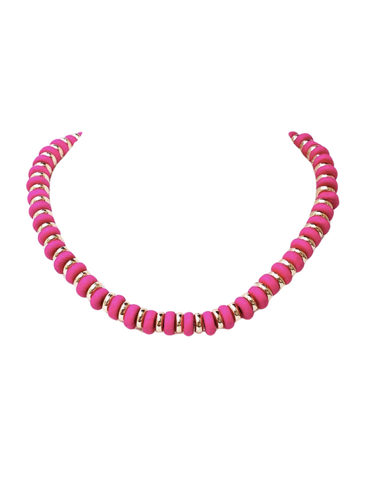 Alternating Beaded Necklace - Fuchsia and Gold
