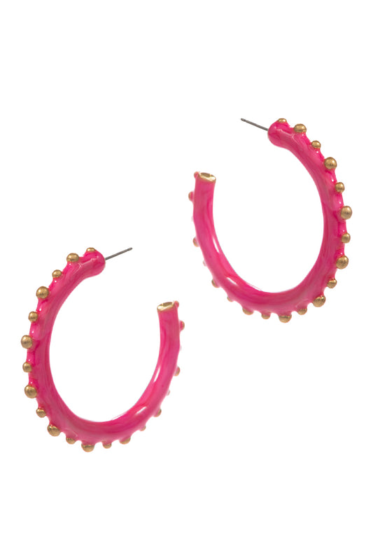 Colored Enamel Hoop with Gold Detail - Hot Pink