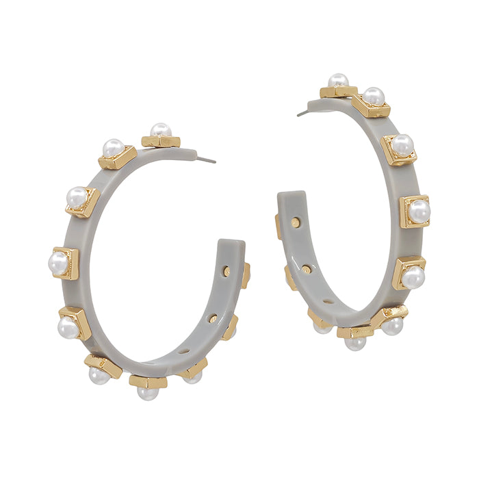 Acrylic Hoop with Gold Sqaure and Pearl Accent - Gray