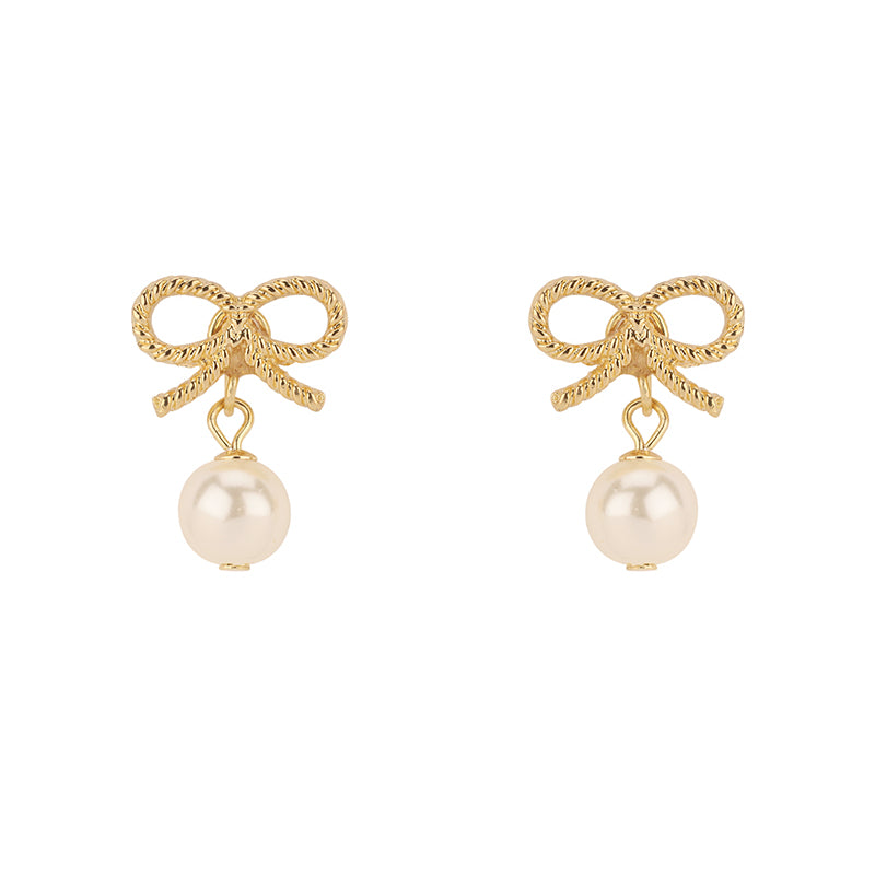 Dainty Gold Bows with Pearl Drop