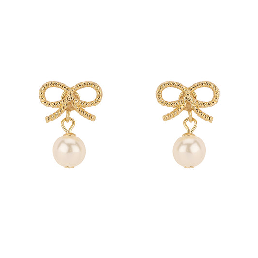 Dainty Gold Bows with Pearl Drop