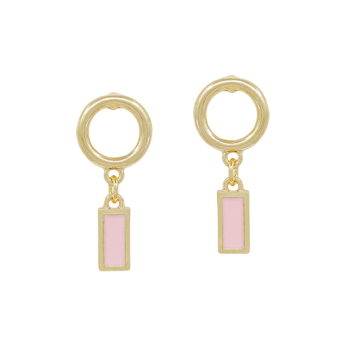 Round Metal Earring with Rectangle Charm - Baby Pink