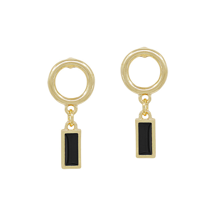 Round Metal Earring with Rectangle Charm - Black