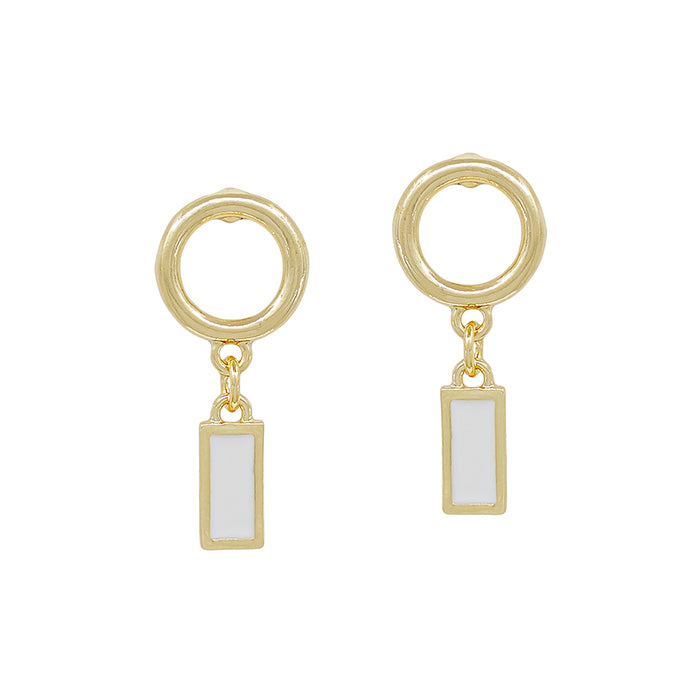 Round Metal Earring with Rectangle Charm - White