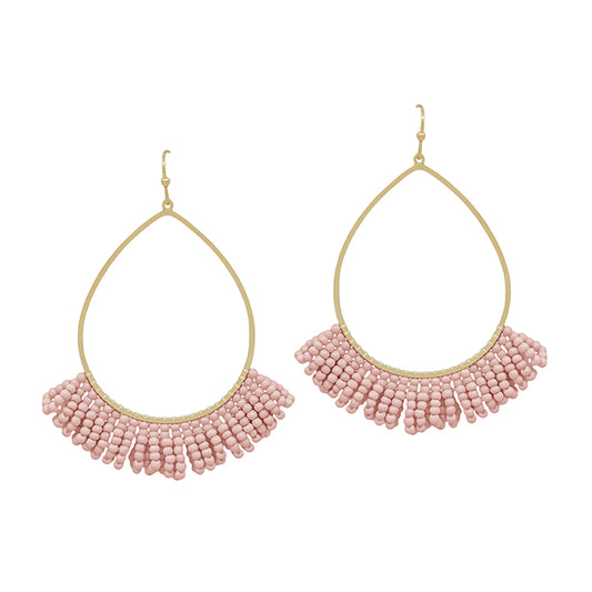 Teardrop Seed Bead Tassel Earring - Baby Pink