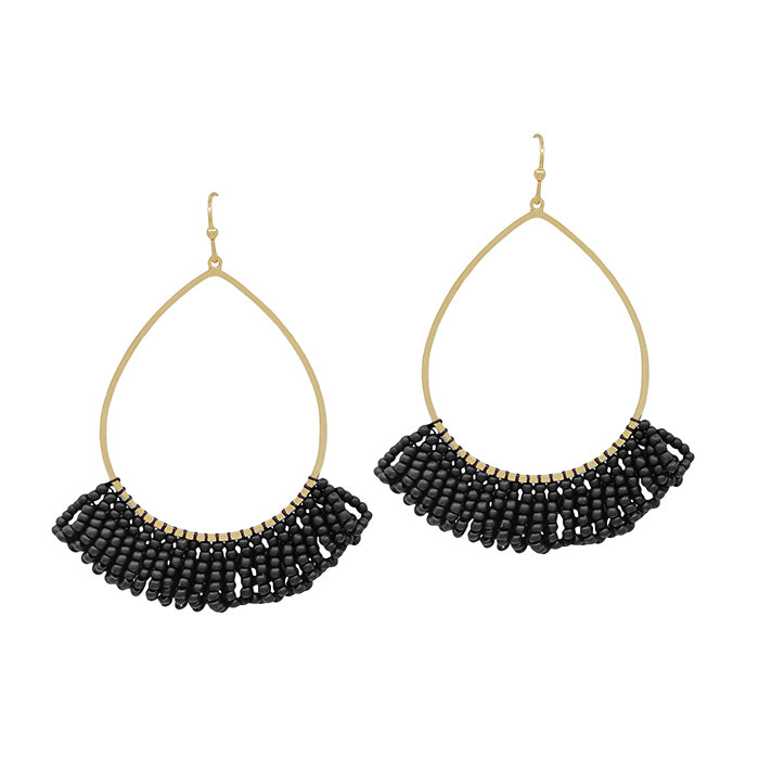 Teardrop Seed Bead Tassel Earring - Black