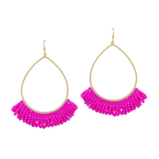 Teardrop Seed Bead Tassel Earring - Hot Pink