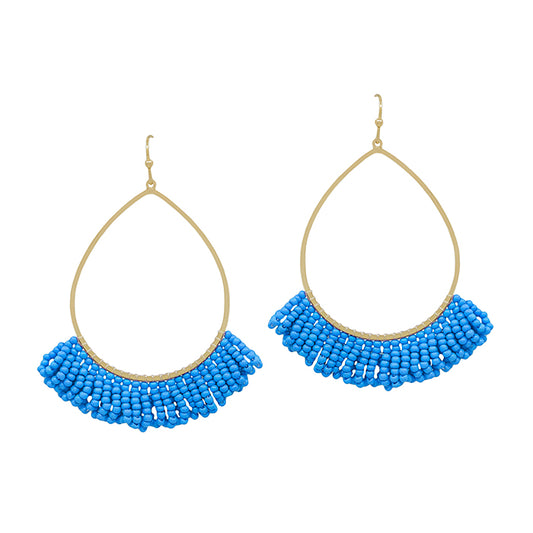 Teardrop Seed Bead Tassel Earring - Light Blue