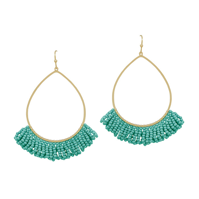 Teardrop Seed Bead Tassel Earring - Teal