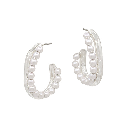 Metal and Pearl Oval Hoop - Silver