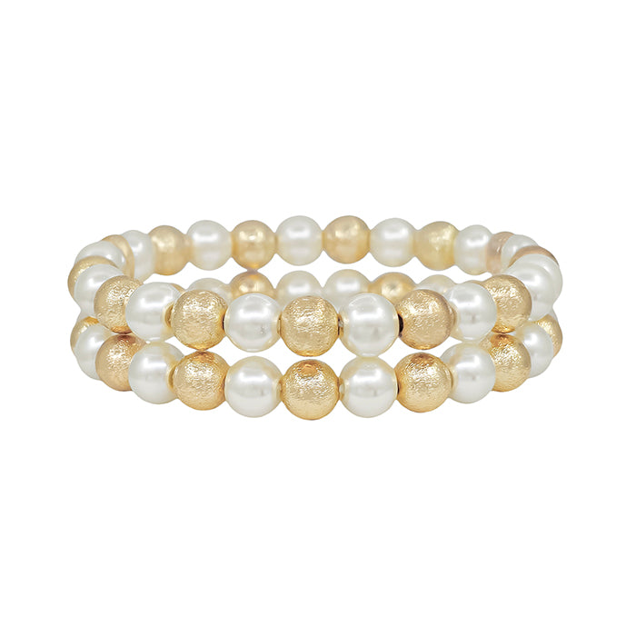 Set of 2 Satin Gold Ball and Pearl Bracelet