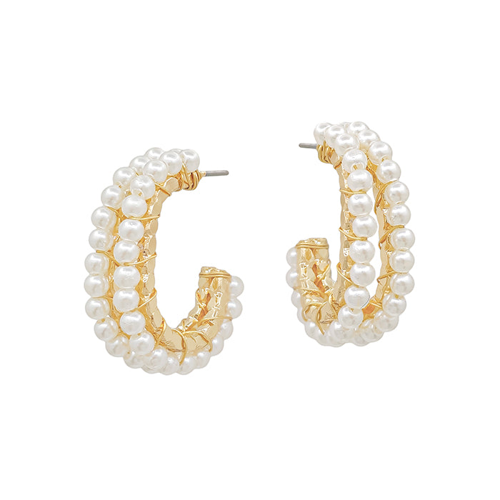 Oval Double Hoop Pearl Earring - Gold