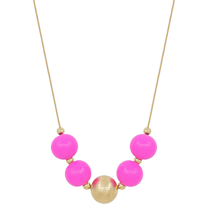 Large Wood Bead Ball Necklace - Hot Pink and Gold