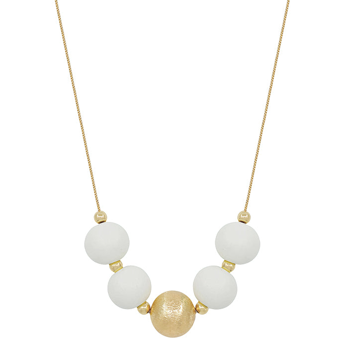 Large Wood Bead Ball Necklace - White and Gold